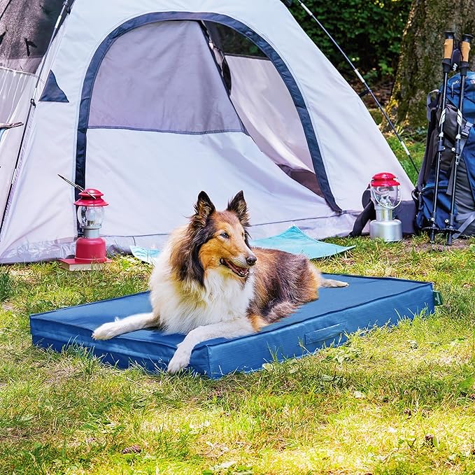 FurHaven Cooling Dog Bed – XL Foam Mattress for Joint Pain Relief, Waterproof Liner, Removable Washable Cover, Durable for Outdoor Use, Deluxe Grid Indoor/Outdoor Bed – Blue, Jumbo-PurrikoPets