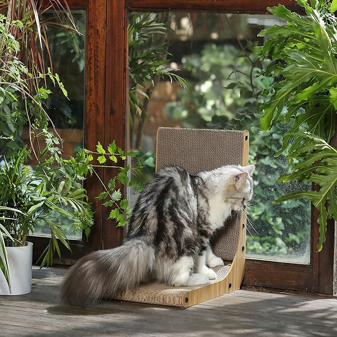 FUKUMARU Cat Scratcher, 18.7 Inch L Shape Cat Scratch Pad Wall Mounted, Cat Scratching Cardboard with Ball Toy for Indoor Cats-PurrikoPets