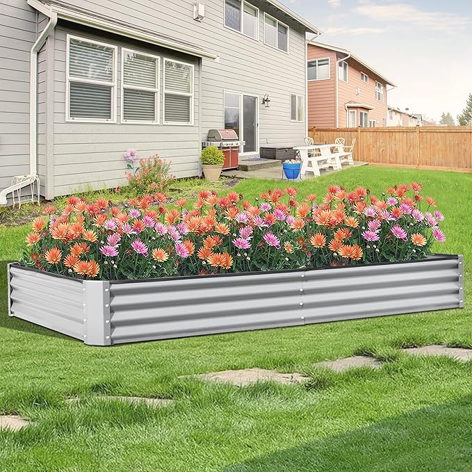 Domi Galvanized Raised Garden Bed, 8x4x1Ft Thickening Metal Planter Box for Vegetables Bottomless for Backyard Outdoor, 1" Deep w/ 228 Gallon Capacity - Silvery-PurrikoPets