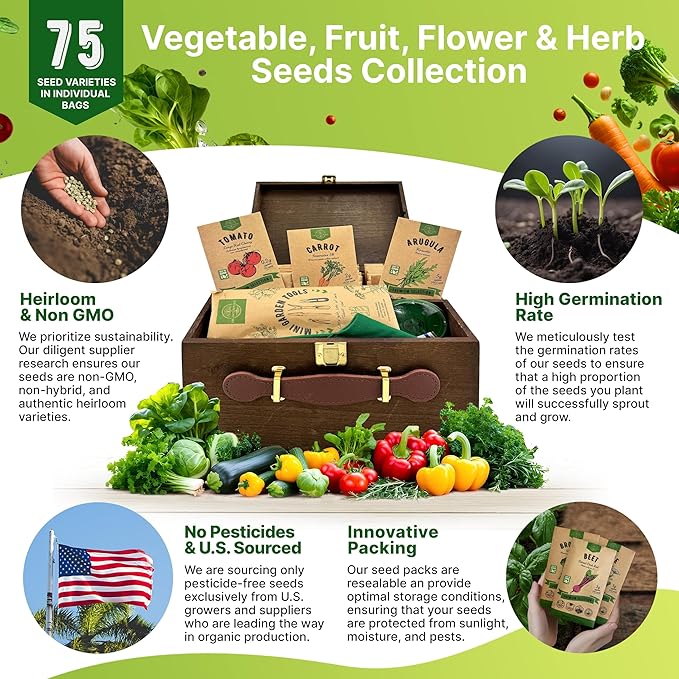 75 Herb & Vegetable Seeds Variety Pack, Garden Seed Starter Kit - Over 47,380 Non-GMO Heirloom Seeds for Planting Vegetables and Herbs Garden Seeds Gift Seed Box with Gardening Supplies, Survival Kit-PurrikoPets
