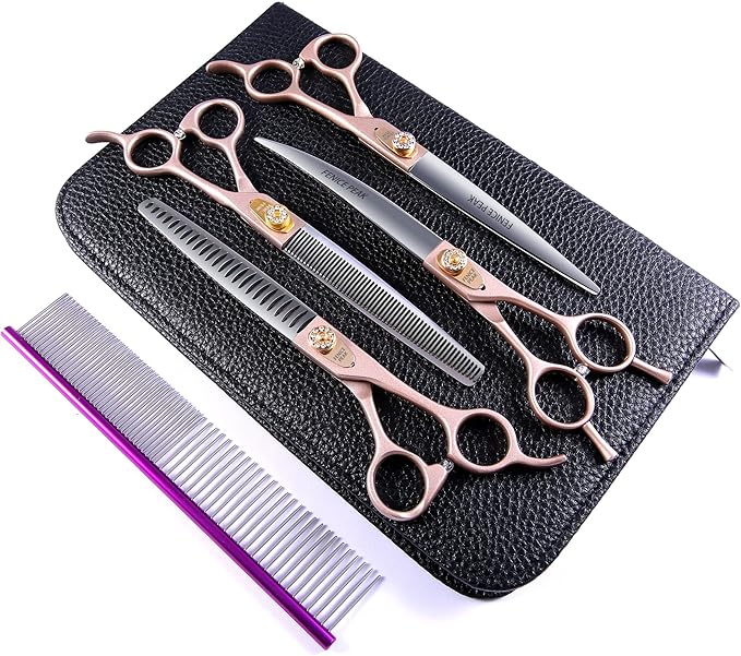 Fenice Peak 7.5‘’ Professional Dog Grooming Scissors Set Rose Gold 440C Stainless Steel Straight Thinning Curved Chunker Shears 4pcs Set for Pet Grooming Services Dogs and Cats-PurrikoPets