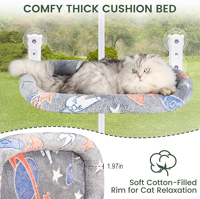 2 Pack Cat Window Perch, Glow in The Dark Foldable Cat Hammock with Cozy Pad Bed, Breathable Cordless Window Seat with Stud Metal Frame for Large Cats and Kitten (Cushion Bed, 2 Pack - L)-PurrikoPets