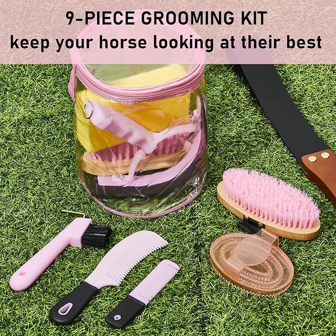9 Pieces Horse Grooming Kit Tack Room Supplies Set with Organizer Tote Bag, Oval Massage Curry, Hard and Soft Brush, Hoof Pick, Sweat Scraper, Bathing Sponge, Combs for Horse Riders Beginners (Pink)-PurrikoPets