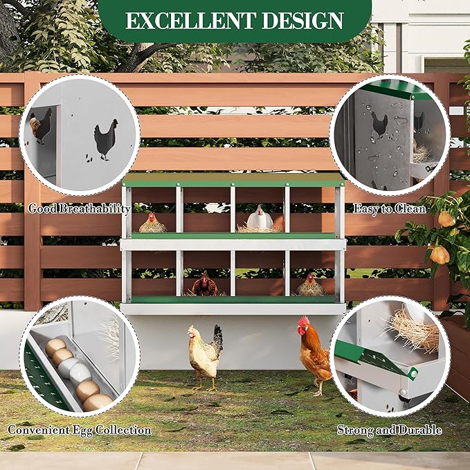 8 Hole Chicken Nesting Box with Roll Out Egg Tray, Rustproof & Ventilated Chicken Laying Boxes for Hens, Chickens, Ducks | Easy-Clean Poultry Coop Accessories-PurrikoPets