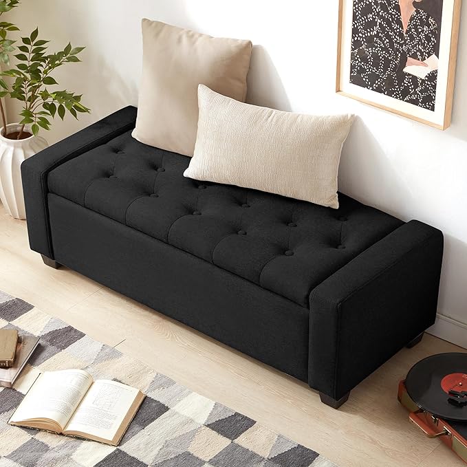 48" Ottoman with Storage, Black Storage Ottoman Bench with Safety Hinge, Upholstered Entryway Bench with Seating for Bedroom, Living Room, Holds up to 330 lb-PurrikoPets