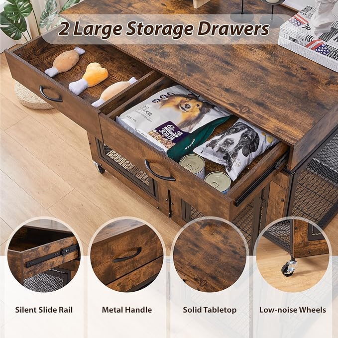 43" Large Dog Crate Furniture, Wood Dog Kennel End Table with Drawers, Decorative Pet Crate with Removable Partitions & Wheels, Dog House Indoor for Large/Medium/Small Dogs-PurrikoPets