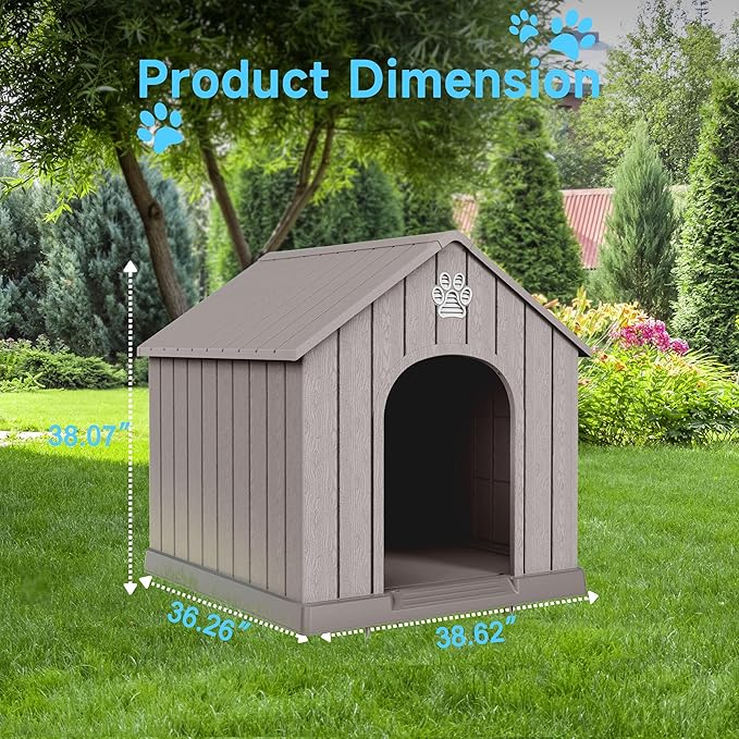 DRATO Indoor Outdoor Waterproof Dog House,PP Material,Puppy Shelter with Air Vents and Elevated Floor,Sturdy Dog Kennel for Small to Large Sized Dogs, Easy to Assemble (Gray, 38.62×36.26×38.07 Inches)-PurrikoPets
