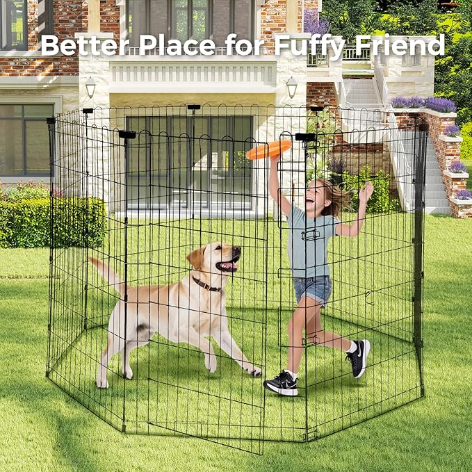 Foldable Dog Playpen 48" Height 8 Panels Metal Exercise Pen No Door - Indoor/Outdoor Dog Play Pen for Medium-Large Dogs, Portable Pet Fence for Yard Garden Camping, Black-PurrikoPets
