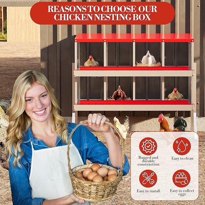 8 Hole Chicken Nesting Box with Roll Out Egg Tray, Rustproof & Ventilated Chicken Laying Boxes for Hens, Chickens, Ducks | Easy-Clean Poultry Coop Accessories, Red with Stand-PurrikoPets