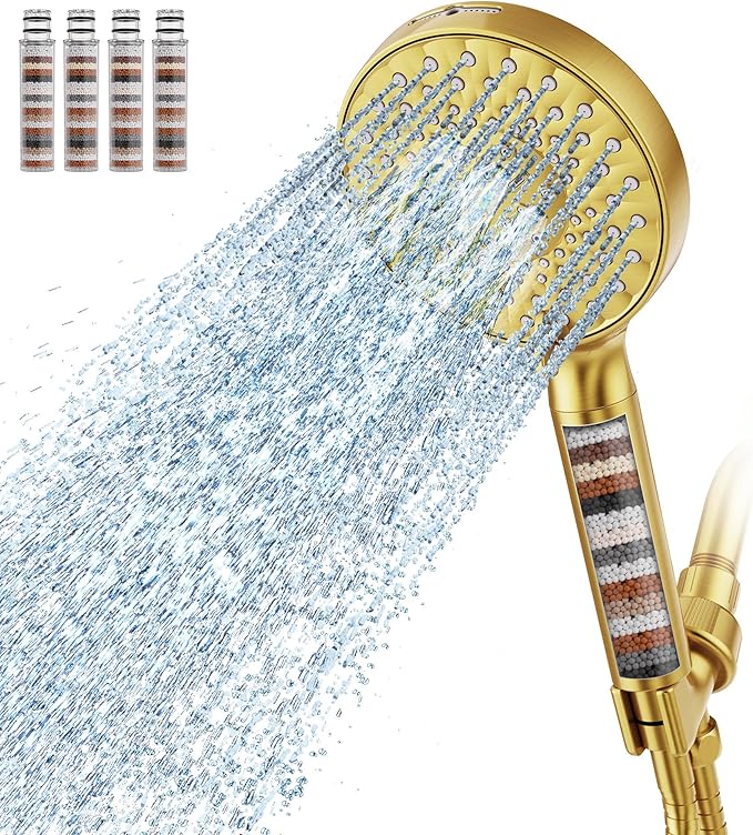 Filtered Shower Head with Handheld, High Pressure 9 Spray Mode Brushed Gold Showerhead with 4 Filters, Detachable Shower Head, Water Softener Filters Beads for Hard Water - Remove Chlorine-PurrikoPets