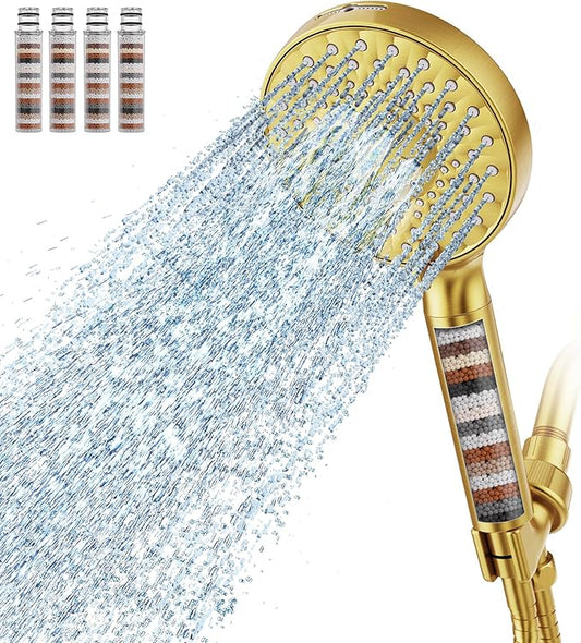 Filtered Shower Head with Handheld, High Pressure 9 Spray Mode Brushed Gold Showerhead with 4 Filters, Detachable Shower Head, Water Softener Filters Beads for Hard Water - Remove Chlorine-PurrikoPets