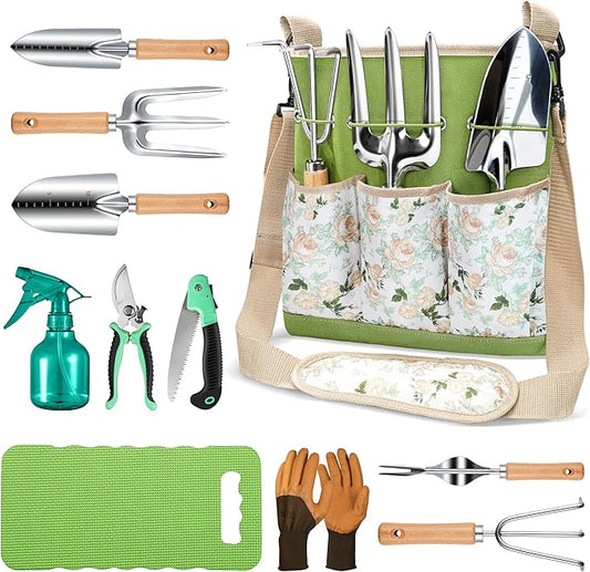 All-in-One Garden Tool Set, 11-Piece Heavy Duty Gardening Tools with Ergonomic Canvas Shoulder Crossbody Bag, Rust-Proof Premium Garden Tool Kit, Gardening Gift for Women Men, Green, GR003-PurrikoPets