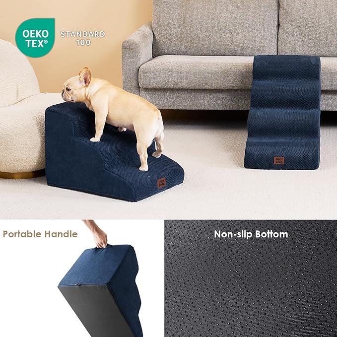 EHEYCIGA Curved Dog Stairs Ramp for Small Dogs 15.7" H, 3-Step Dog Steps for Couch Sofa and Chair, Pet Stairs for Cats, Non-Slip Balanced Pet Steps Indoor, Navy-PurrikoPets