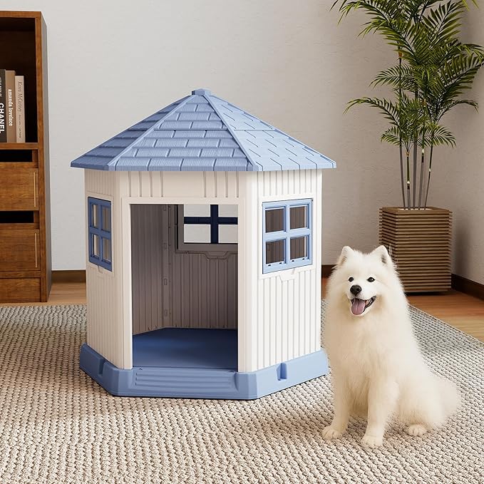 DRATO Dog House Indoor Outdoor Durable Large Dog Shelter with Outside Dog Kennel with Window and Elevated Floor for Small Medium Dogs (Blue, 34.8 * 30.51 * 36.89)-PurrikoPets