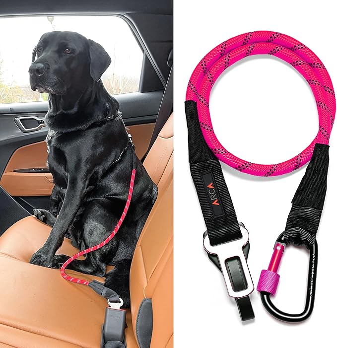 Dog Seat Belt for Car | Universal Dog Car Seatbelt | Durable Reflective Rope with Clip Hook Latch, Buckle and Carabiner- Safe and Secure Pet Safety Restraint (Pink)-PurrikoPets