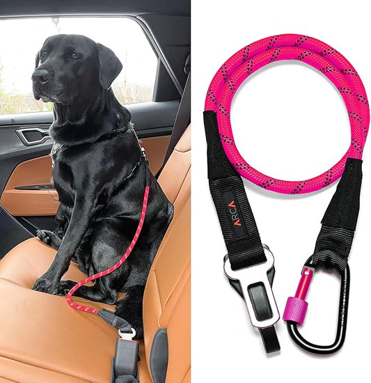 Dog Seat Belt for Car | Universal Dog Car Seatbelt | Durable Reflective Rope with Clip Hook Latch, Buckle and Carabiner- Safe and Secure Pet Safety Restraint (Pink)-PurrikoPets
