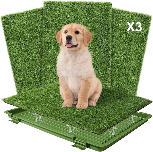 Dog Grass Pad with Tray: 3 Pack Grass Pee Pads for Dogs Potty for Puppy Training, Artificial Turf for Dogs with Collection Tray for Indoor /Outdoor /Patio /Balcony, 22"x18" Green-PurrikoPets