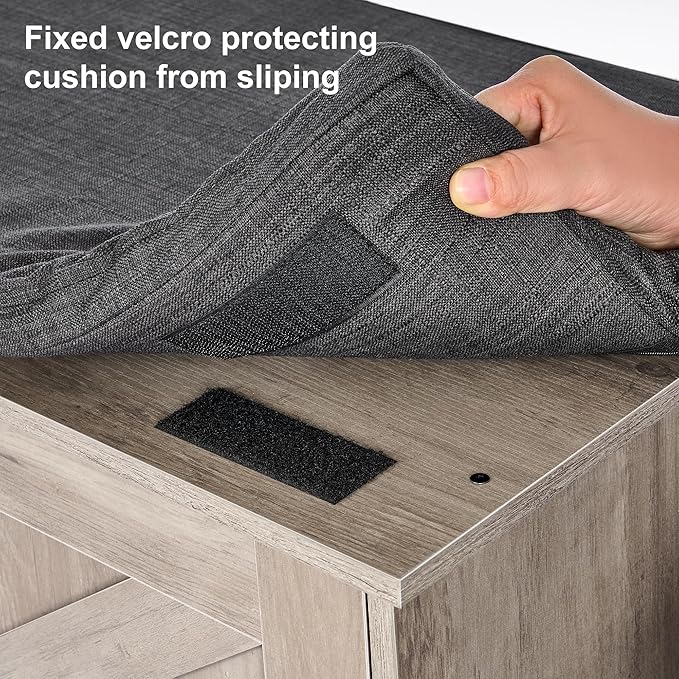 2-Tier Storage Bench, Shoe Bench with Padded Seat Cushion, Entryway Bench with 2 Barn Doors, Adjustable Shelf, 13.8" D x 39.4" W x 17.7" H, for Entryway, Living Room, Bedroom, Greige-PurrikoPets