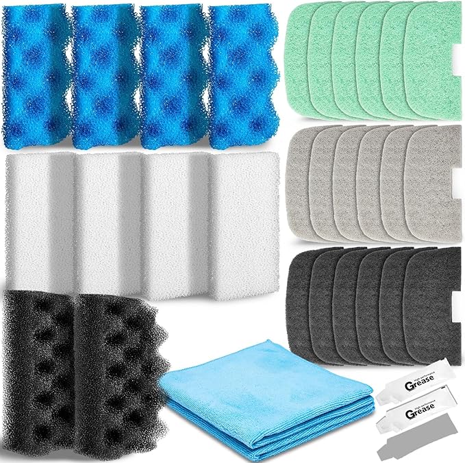 32 Pcs Aquarium Replacement Maintenance Kit Compatible with Fluval 106/107 Filter Media Including Biological Sponge, Ammonia/Phosphate/Nitrite Remover Pad, Aquarium Towel, Grease-PurrikoPets