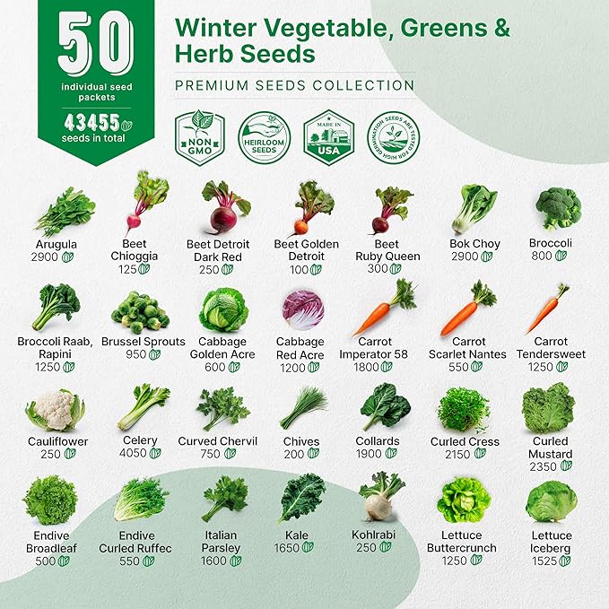 50 Winter Vegetable Garden Seeds Variety Pack - 43,450+ Non-GMO Heirloom Seeds for Outdoors & Indoor Home Gardening, Including Kohlrabi, Lettuce, Radish, Onion, Choy, Spinach, Cauliflower, Collards-PurrikoPets