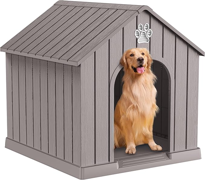 DRATO Indoor Outdoor Waterproof Dog House,PP Material,Puppy Shelter with Air Vents and Elevated Floor,Sturdy Dog Kennel for Small to Large Sized Dogs, Easy to Assemble (Gray, 38.62×36.26×38.07 Inches)-PurrikoPets