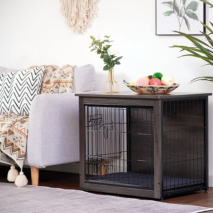 DWANTON Dog Crate Furniture with Cushion, Wooden Kennel Table with Double Doors, Indoor Dog House, Small/Medium/Large/Extra Large Size, 27.2" L, Dark Gray-PurrikoPets