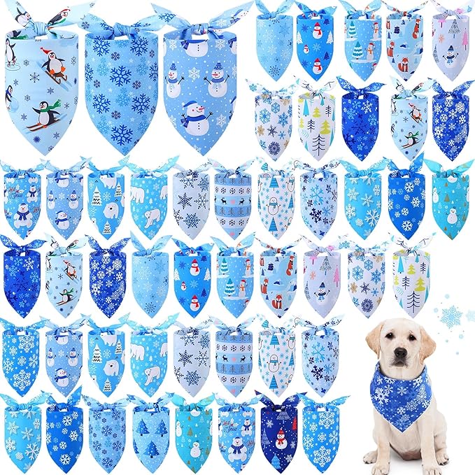 Abbylike 50 Pieces Winter Dog Bandanas Bulk Blue Snowflake Dog Bandanas for Pets Triangle Kerchief Scarf Bibs for Winter Pets Cats Party Costume Accessories (25.6 x 17.7 x 17.7)-PurrikoPets