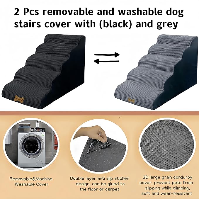 Dog Stairs & Pet Ramp for Small/Large Dogs to High Beds/Couches - 5 Steps 24-inch Height for 18-30 inch Furniture, 2 Washable Covers (Black, Grey), Non-Slip Balanced 33D Design for Old Dogs & Cats-PurrikoPets