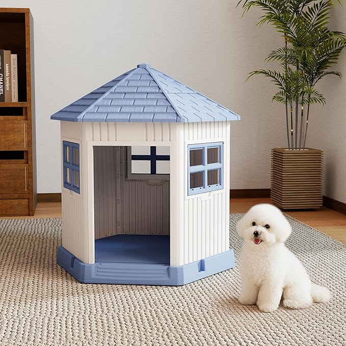 DRATO Dog House Indoor Outdoor Durable Large Dog Shelter with Outside Dog Kennel with Window and Elevated Floor for Small Medium Dogs (Blue, 34.8 * 30.51 * 36.89)-PurrikoPets