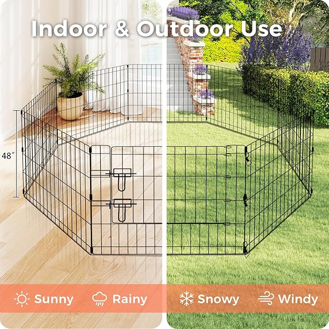 Foldable Dog Playpen 48" Height 8 Panels Metal Exercise Pen with Door - Indoor/Outdoor Dog Play Pen for Medium-Large Dogs, Portable Pet Fence for Yard Garden Camping, Black-PurrikoPets