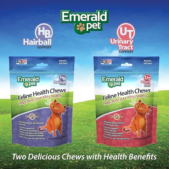 Emerald Pet Feline Health Chews Hairball Support — Natural Grain Free Feline Hairball Control Chews — Hairball Control Cat Supplements for Hairball Prevention and Elimination — Made in USA, 2.5 oz-PurrikoPets