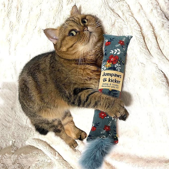 2 Pack Natural Interactive Catnip & Silvervine Cat Kicker with Feathers, Bite Resistant Chew Toy, Crinkle Kicker, Accessories for Indoor Cat, Premium Corduroy Floral-PurrikoPets