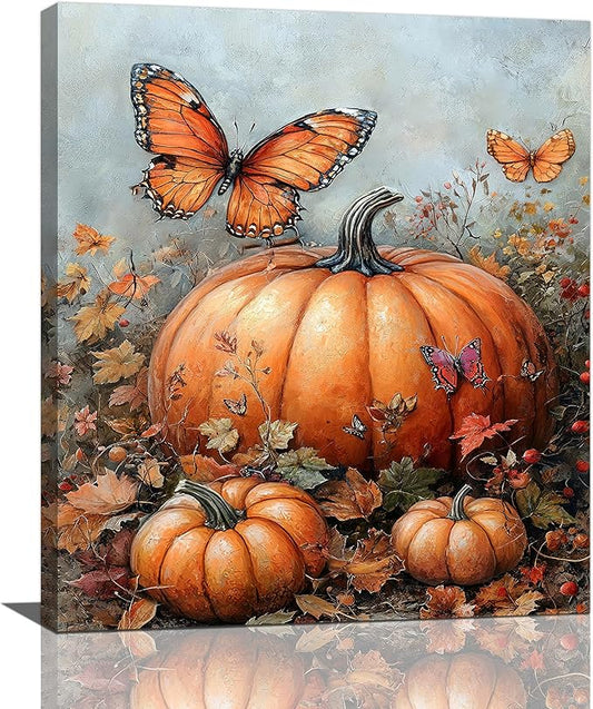 Fall Pumpkin Pictures Wall Art, Rustic Thanksgiving Bathroom Wall Decor, Farmhouse Autumn Butterfly Framed Painting Canvas Artwork for Harvest Gift Bedroom Living Room Decorations 24"L x 20"W-PurrikoPets