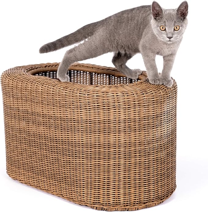 Fun Stackable Wicker Cat Hideaway House - Interactive Play Rattan Cat House for Indoor Cats Kitty, Pet Friendly Top/Side House Entry, Cat Bed Enclosed-PurrikoPets