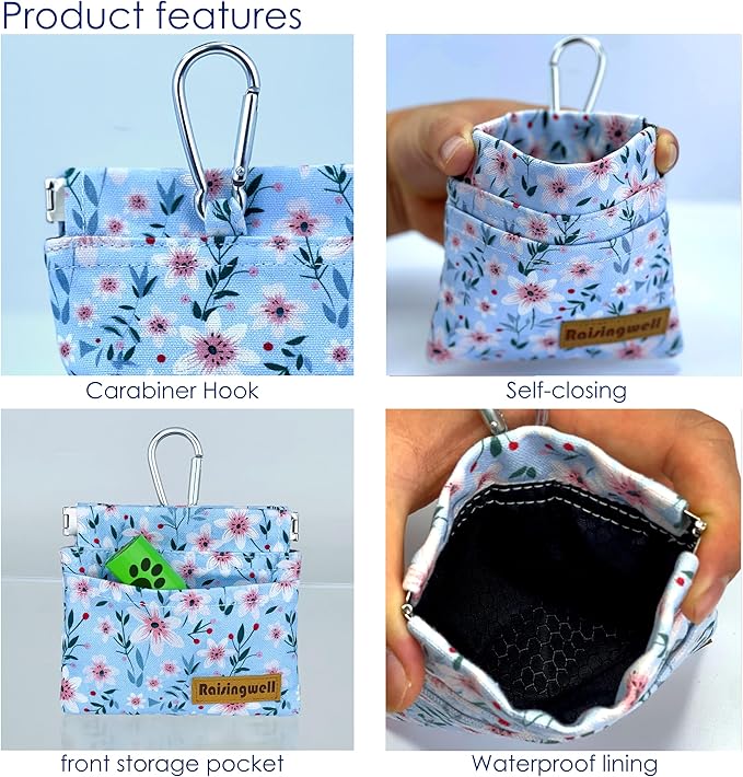 Dog Treat Pouch, Small Cotton Pocket Sized Training Holder, Hand Free Walking Fanny Bag with Carabiner, Self-Closing Pet Feed Snack Reward, Behavior Aids for Puppy Travel or Outdoor Use-PurrikoPets