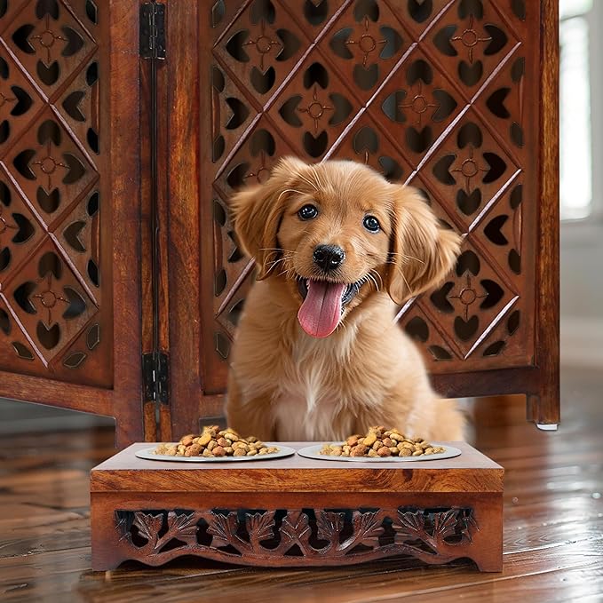 Elevated Pet Feeder for Dogs and Cats - Scroll Carved Wood Raised Dog Bowl Stand - Pet Feeding Stand with Two Steel Bowls - Raised Dog Bowl for Food and Water - Pet Feeding Station -17x11x4- IRONGATE-PurrikoPets