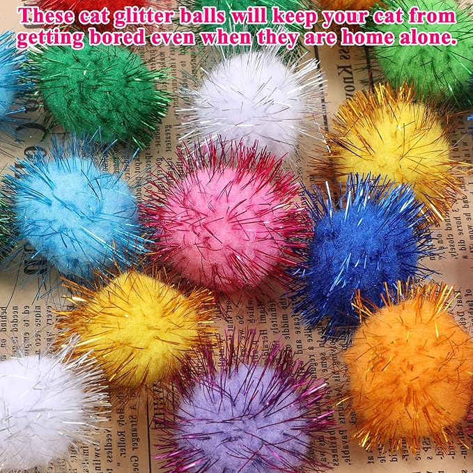 40 Pcs Pom Pom Balls for Kittens Colorful Pompom Balls for Cats Sparkle Ball for Cats Interactive Cat Toy Set for Exercise and Entertainment-PurrikoPets