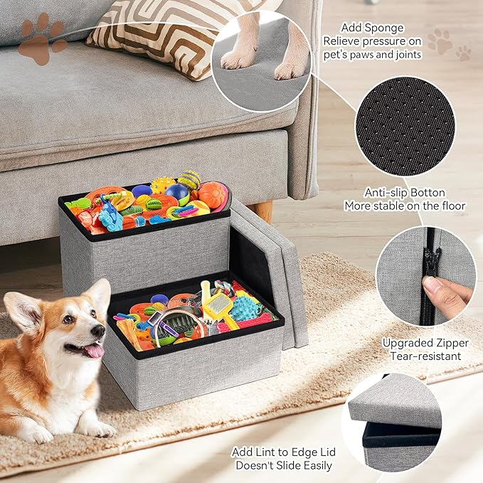 Dog Stairs with Storage 12" H, 2-Step Wider Dog Steps for Dogs Cats, Folding Sturdy Pet Stairs Climbing Sofa Couch, Ramp for Car Hold Up to 150 lbs (Gray, No Condo)-PurrikoPets