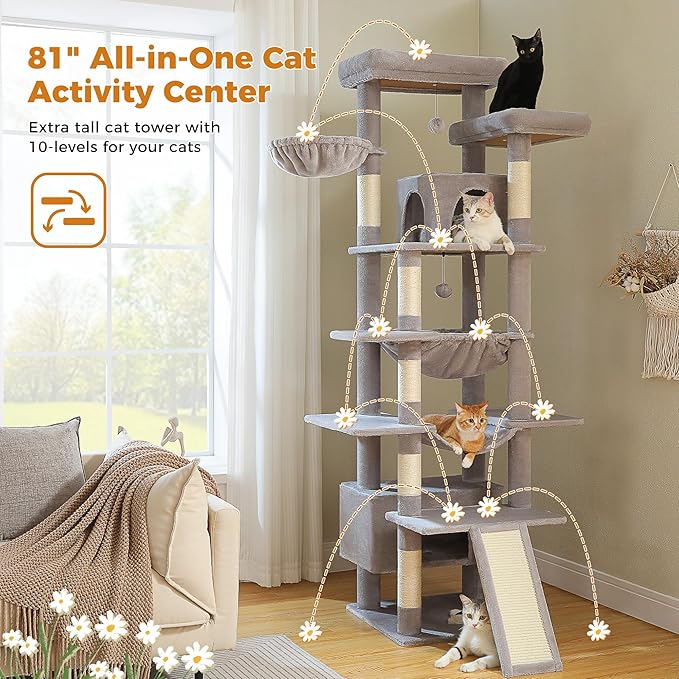 81 Inches Tall Cat Tree for Indoor Cats Large Adult - Heavy Duty Multi-Level Cat Tower with Large Metal Frame Hammock, Scratching Pad, 2 Top Perches, 2 Cozy Condos & 6 Scratching Posts - Gray-PurrikoPets
