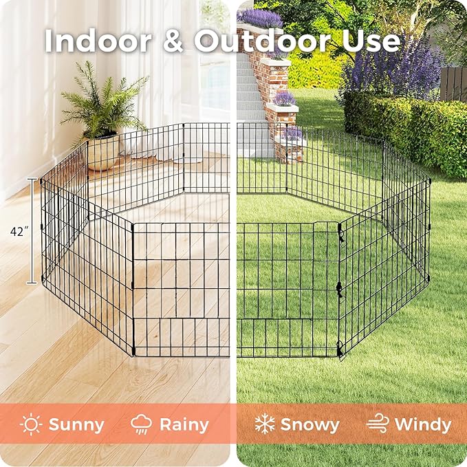 Foldable Dog Playpen 42" Height 8 Panels Metal Exercise Pen No Door - Indoor/Outdoor Dog Play Pen for Medium-Large Dogs, Portable Pet Fence for Yard Garden Camping, Black-PurrikoPets