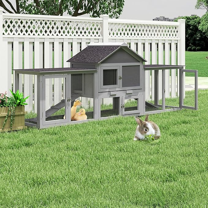 82.5” Large Wooden Rabbit Hutch Outdoor Easy to Assemble Rabbit Cage and Durable Bunny Hutch Indoor with Cleaning Tray & Waterproof Roof for Small and Medium Bunny Rabbit Chick (Grey)-PurrikoPets