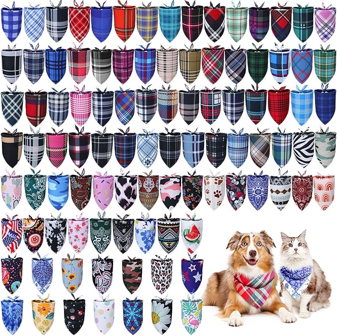 100 Pcs Dog Bandanas Bulk Pet Bibs Colorful Triangle Scarf Pet Bandanas for Medium Large Dogs Spring Summer Birthday Costume Decoration (Plaid)-PurrikoPets
