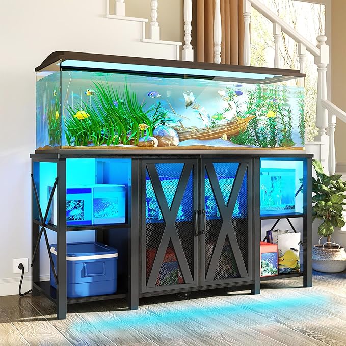 DWVO Reptile Tank Stand Aquarium Stand with Power Outlet & LED Light, 75/90/120 Gallon Terrarium Stand Cabinet - Heavy Duty Fish Tank Stand for Turtle Tank, Reptile Terrarium, 2000LBS Capacity, Black-PurrikoPets