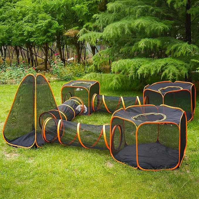 7 in 1 Outdoor Cat Enclosure, Foldable Pop-Up Mesh Playpen Tunnel for Pet Run, Foldable Outside Enclosed Tent Cage for Small Dogs, Rabbit and Other Animals-PurrikoPets