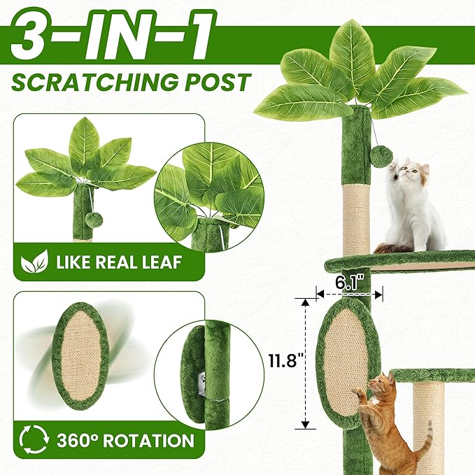 55 Inch Large Cat Tree Tower for Indoor Cats with Hammock Green Leaves Sisal Scratching Post, Plush Hang Ball Play Furniture for Kittens & Adult Cats,New Green-PurrikoPets