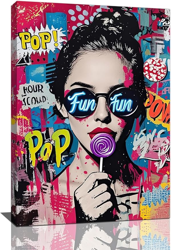 Fashion Women Wall Art Glam Modern Artwork for Girls Banksy Street Graffiti Pop Art Canvas Pictures Painting Print Framed Decorations Gifts for Bedroom Living Room Office 16"x24"-PurrikoPets
