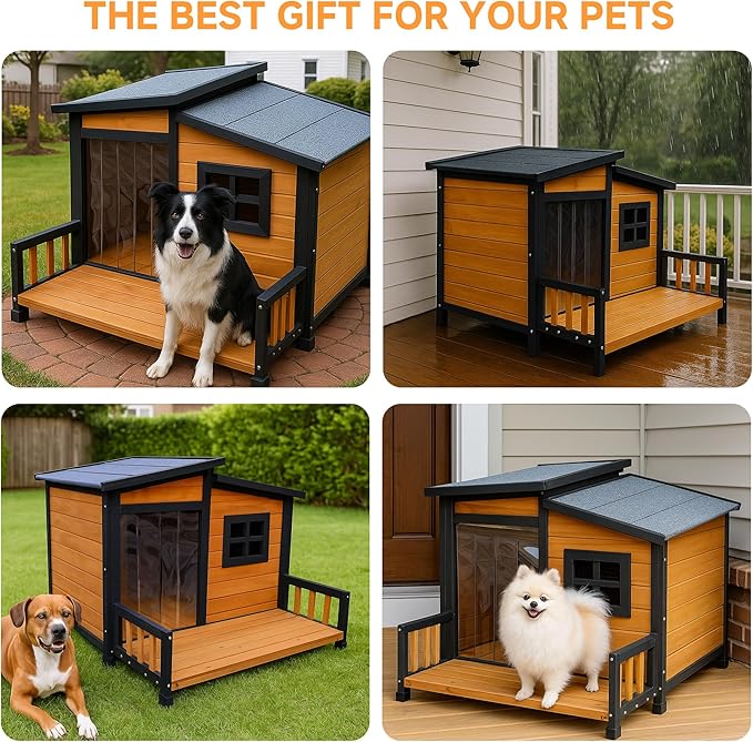 GARWOOD Large Outdoor Indoor Wooden Dog House for Small Large Dog Kennel Wood Sturdy Pet Puppy Warm Home with Durable Weatherproof Asphalt Roof Insulated Elevated Floor Outside Shelter Brown 39x37x30“-PurrikoPets