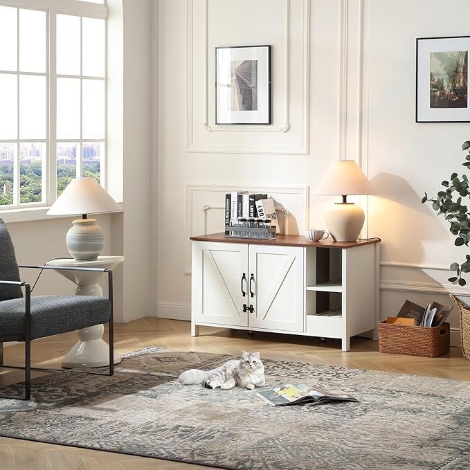 41.3'' Cat Litter Enclosure,Adjustable Shelf for Dog Proof and Storage,Locks Added for Cat, Litter Collector,Small Indoor Cat House,Antique White-PurrikoPets