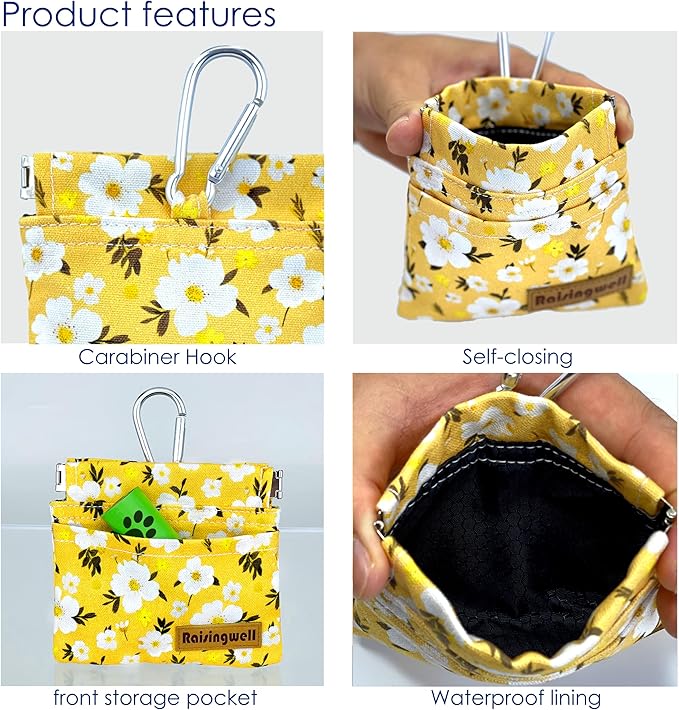 Dog Treat Pouch, Pocket Sized Pet Training Pouch, Cotton Fabric, Hand Free Yellow Flower Dog Walking Bag with Carabiner, Self-Closing Pet Feed Snack Reward, for Puppy Travel or Outdoor Use-PurrikoPets