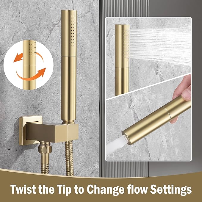 12 Inch Rain Shower System, Brushed Gold Shower Faucet Set with Push Button Diverter, 6 Inch Wall Mounted 3-Functions Bathroom Shower Systems with Dual-Function Handheld-PurrikoPets